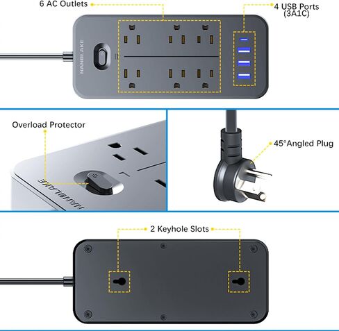 Power Strip Surge Protector with 6 AC Outlets & 4 USB Ports (1USB C),6 Feet Extension Cord,Flat Plug,NANOLAKE 1700J Surge Protection, Compact, Mountable, Home,Dorm, Office,Black (Without Night Light) in Saudi Arabia
