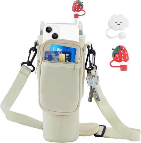 GUTAROR Water Bottle Carrier Bag Compatible with Stanley 30 40oz Tumbler with Handle, Water Bottle Holder with Adjustable Shoulder Strap 2 Straw Covers for Hiking Travelling Camping (Rose Quartz) in Kuwait