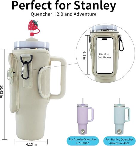 GUTAROR Water Bottle Carrier Bag Compatible with Stanley 30 40oz Tumbler with Handle, Water Bottle Holder with Adjustable Shoulder Strap 2 Straw Covers for Hiking Travelling Camping (Rose Quartz) in Kuwait