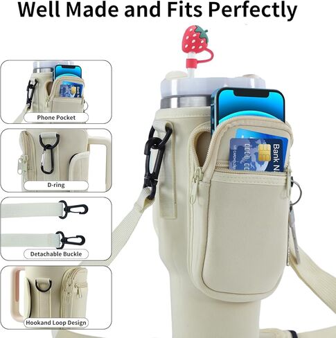 GUTAROR Water Bottle Carrier Bag Compatible with Stanley 30 40oz Tumbler with Handle, Water Bottle Holder with Adjustable Shoulder Strap 2 Straw Covers for Hiking Travelling Camping (Rose Quartz) in Kuwait