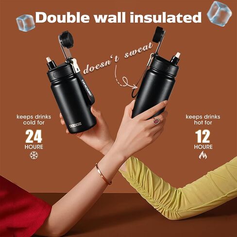 Sports Water Bottle - 25.36 oz (approx. 750 ml) with straw, leak proof - metal vacuum bottle - Stainless Steel Gym & Sport Bottles for Men, Women & Kids - Double Walled, Insulated Thermos (black) in Saudi Arabia