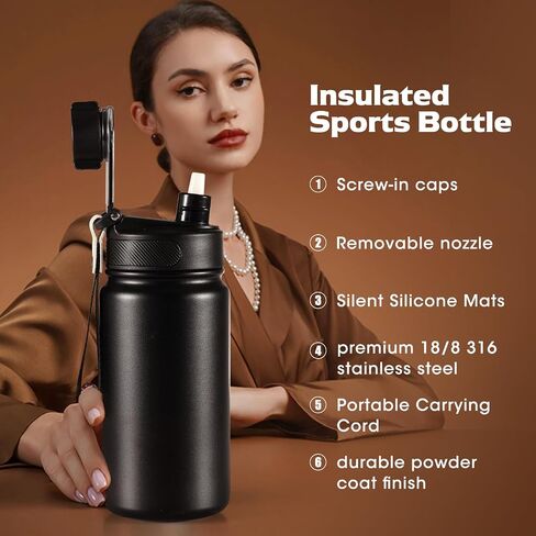 Sports Water Bottle - 25.36 oz (approx. 750 ml) with straw, leak proof - metal vacuum bottle - Stainless Steel Gym & Sport Bottles for Men, Women & Kids - Double Walled, Insulated Thermos (black) in Saudi Arabia