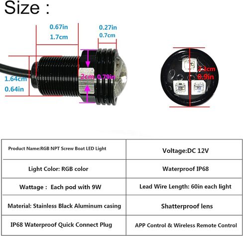 4 قطع RGB NPT LED قارب استنزاف التوصيل الخفيفة، IP68 قارب مقاوم للماء LED ضوء بحري أضواء تحت الماء التطبيق وRF التحكم عن بعد لقارب عائم كاياك يخت باخرة الصيد in Kuwait