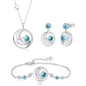 FANCIME Moon Star Jewelry set, December Birthstone Necklace Bracelet 925 Sterling Silver Earrings Turquoise Pendant Fine Jewelry Anniversary Birthday Gifts for Her Mom
