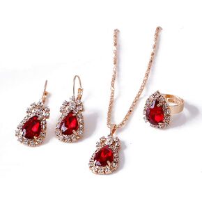 Teardrop Crystal Jewelry Set Plated 14K Gold Statement Waterdrop Dangle Tear Pendant Necklaces Adjustable Shine Rhinestone Drip Charm Ring for Women Girls Wedding Party Accessories