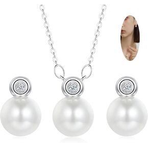ZRU Sterling Silver Pearl Necklace Earrings Set for Women Christmas | Natural Pearl Bezel CZ 925 Sterling Silver Jewelry Set | Fashion Wedding Xmas Birthday Bridesmaid Valentines Gifts