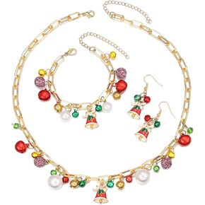 Christmas Jewelry Set for Women Colorful Christmas Tree Earrings Necklace Bracelet Set Christmas Bell Pearl Earrings Necklace Bracelet Set Fashion Xmas Holiday Set Christmas Charm Jewelry Set Accessory