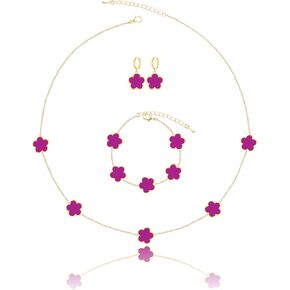 Gold Plated Five Leaf Clover Necklace Bracelet and Dangle Earrings Set for Women Lucky Flower Jewelry