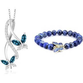 Gem Stone King 925 Sterling Silver London Blue Topaz Butterfly Pendant Necklace and 8mm Simulated-Lapis Lazuli 18K Yellow Gold Plated Silver Cloisonne Enamel Butterfly Bracelet | Jewelry Set for Women