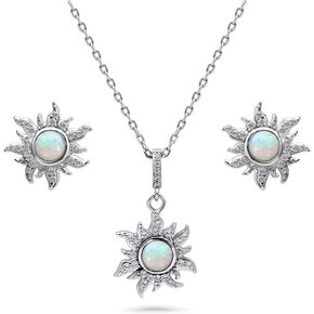 BERRICLE Sterling Silver Sun Simulated Opal Cubic Zirconia CZ Sunburst Fashion Necklace and Earrings Set for Women (Yellow Gold Flashed, Rhodium Plated)