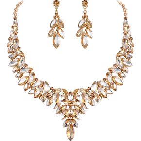 Flyonce Women's Crystal Floral Leaf Vine Necklace Earrings Set for Wedding Party Prom