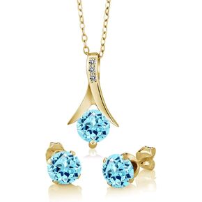 Gem Stone King 2.51 Ct Blue Apatite White Diamond 18K Yellow Gold Plated Silver Pendant and Earrings Jewelry Set