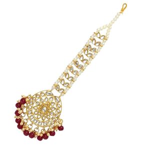 Aheli Faux Kundan Beaded Maang Tikka Head Piece Indian Wedding Ethnic Fashion Jewelry for Women Girls (Green)
