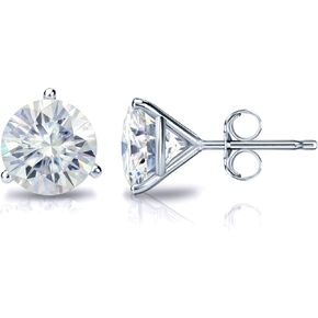18k Gold Round Moissanite Stud Earrings (1 to 7ct TGW, J-K) 3-Prong Martini Set, Push-Back by Diamond Wish