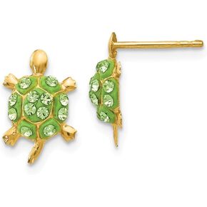 14K Yellow Gold Light Green Crystal Turtle Post Earrings