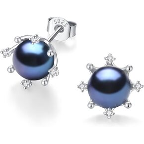 YAMI Pearl Stud Earrings - Genuine Cultured Pearls with 925 Sterling Silver & Cubic Zirconia Diamonds - Hypoallergenic Flower/Snowflake/Sun/Halo Style Studs - Elegant Jewelry Gift for Women in Saudi Arabia
