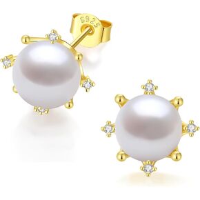 YAMI Pearl Stud Earrings - Genuine Cultured Pearls with 925 Sterling Silver & Cubic Zirconia Diamonds - Hypoallergenic Flower/Snowflake/Sun/Halo Style Studs - Elegant Jewelry Gift for Women