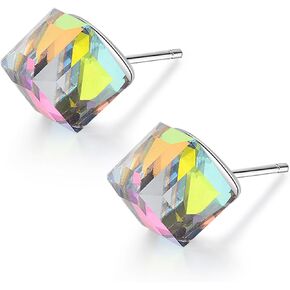 Cube Earrings Austrian Crystal Iridescent Crystal Square Stud Earring for Women Fashion S925 Sterling Silver Elegant Mirror Crystal Prism Cube Jewelry