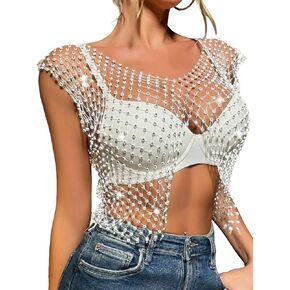 Nicute Women Sexy Mesh Rhinestone Top Sheer See Through Crop Top Sparkly White Crystal Bikini Cover Up Nightclub Cropped Tops