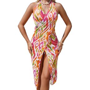 MakeMeChic Women's Boho Allover Print Backless Halter Cover Up Dress Wrap Front Midi Beach Cover Up