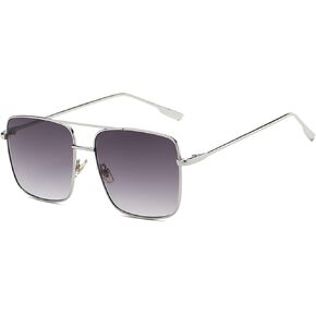 Trendy Oversized Square Sunglasses for Women Men Double Bridge Metal Frame Flat Mirrored Lens