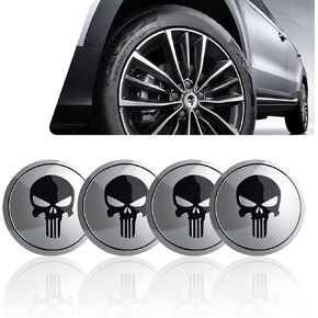 Pack-4 Car Hub Center Cap Sticker, 2.16" Personalized Tusked Skull Metal Anti-Scratch Decoration, Multi-Functional Tire Sticky Decals, Universal for Cars Trucks Modified Accessory (Black)