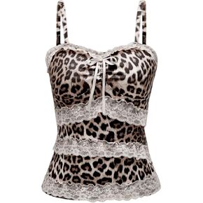MakeMeChic Women's Leopard Print Lace Trim Cami Tops Sleeveless Y2K Ruffle Camisole Top