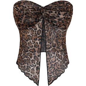 GORGLITTER Women's Leopard Print Crop Tube Top Twist Ruched Sheer Mesh Split Asymmetrical Hem Bandeau