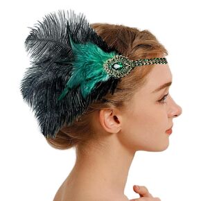 Gatsby Headband 1920s Roaring 20s Great Gatsby Flapper Headpiece - Black Green Feathers for Women Hair Accessories