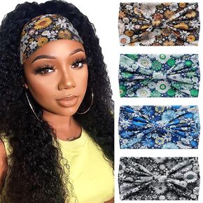 Wide Headbands for Women Boho Womens Head Bands Knotted Print Non-Slip Head Bands for Women's Hair Vintage African Style Bandanas Workout Yoga Sports Head Wraps 4 Pack