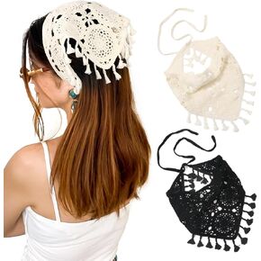 AWAYTR Crochet Bandana Head Kerchief Hair Scarf 2Pcs Knitted Scarves Tie Bcak Floral Headwrap for Women Girls (Black+White(Tassle))