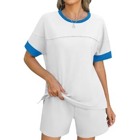 Rapbin Comfy Summer Sets with Pockets Color Block Design Matching 2 Piece Sets with Drawstring Waist