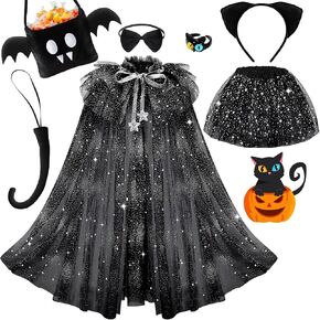 7PCS Cat Costume for Girls,Black Kids Cat Costume with Princess Cape and Tutu Skirt Cat Ears Headband Tail Bowtie Candy Bag Ring, Animal Cosplay Cat Costume Ages 3-6