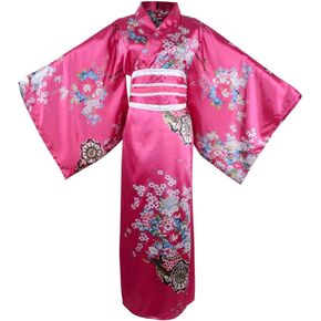 Women's Floral Print Traditional Japanese Kimono Goldfish OBI Blossom Costume Set Belt Robe