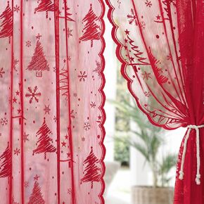 Christmas Lace Curtains 72 Inch Length, 2 Panels Christmas Tree Weave Sheer Curtains for Living Room, Farmhouse Embroidery Rod Pocket Holiday Sheer Lace Curtains, Green 52 x 72 Inch