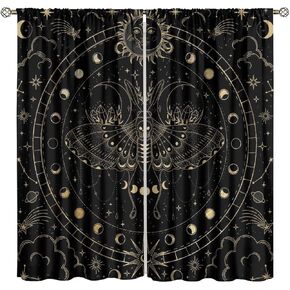 Baroque Moon Phase Curtains, Retro Boho Minimal Black Golden Geometric Butterfly Star Galaxy Seamless Pattern Window Treatments, Blackout Rod Pocket Drapes For Living Room Bedroom Bathroom 42x45in