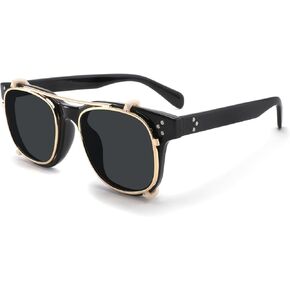 Technigadgets Yael Clip-On Polarized Sunglasses Mens Vintage Round Sun Glasses Mens Outdoor Fashion Eyewear For Driving Fishing Biking UV Protection Mens Gift Black/Black