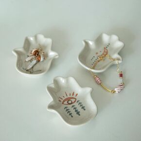 Bohemian Chic Ceramic Jewelry Dishes Set of 3 - Hand-Painted with Sun, Moon and Flower Motifs - Ethnic Style Home Decor Accents for Rings, Earrings, and Bracelets for Free-Spirited Souls