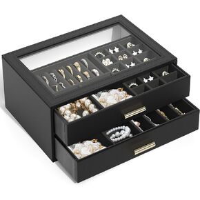 AKOZLIN Jewelry Box with Clear Lid Functional Leather Jewelry Storage Organizer Case 4 Drawers for Women Girls Necklace Ring Bracelet Earring