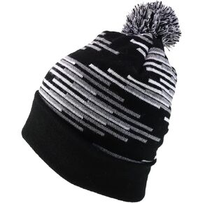 Trendy Apparel Shop Made in USA Staggered Bar Pattern Pom Pom Long Cuff Beanie