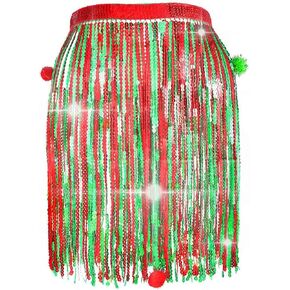 REETAN Boho Belly Skirt Sequins Belly Hip Scarf Tassel Fringe Skirt Rave Party Dance Performance Costume for Women and Girls
