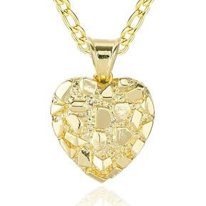 14k Gold Plated Rough Textured Cookie Nugget Heart Shape Charm Pendant Necklace For Women Men