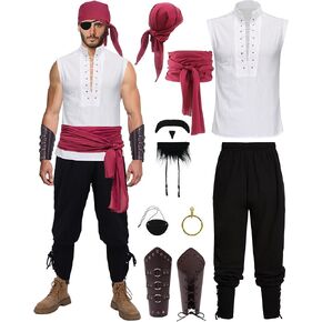 11 Pcs Adult Pirate Costume Men Renaissance Medieval Shirt Ankle Banded Pants with Viking Accessories Beard Arm Guard