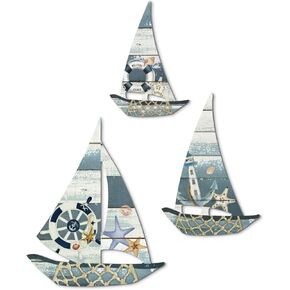 Putuo Decor 3 Pcs Beach House Decor Wood Sailboat Wall Decor Sailboat Wall Sculpture School of Sailboat Wall Art Hanging Sailboat Shape Lake House Decor for Home Bathroom (Grey and Blue)