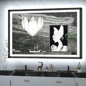 TokeShimi 55x36 Inch LED Bathroom Wall Mirror with Front Lights and Backlit Black Aluminum Alloy Rectangle Frame Beveled Edge Tricolors Stepless Dimmable Anti-Fog Memory Function for Vanity