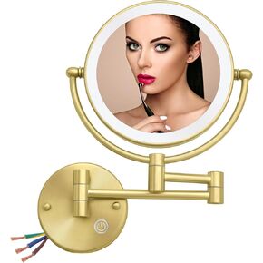 Brass Wall Mounted Makeup Mirror with Lights and Magnification, Rechargeable Lighted Magnifying Mirror Wall Mount with 1X and 5X, Brushed Antique Brass Bathroom Arts Ware
