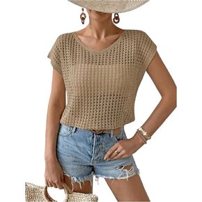Verdusa Women's Hollow Out Sheer Knit Top Dolman Sleeve Pullover Cover Up