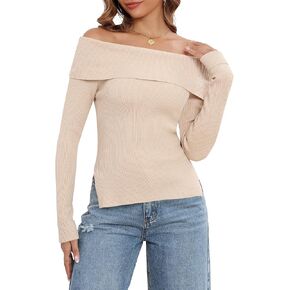 ZAFUL Womens Off The Shoulder Pullover Sweater Long Sleeve Fall Ribbed Knit Tops Sexy Y2K Outfits