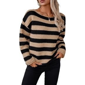 2024 Women's Casual Fashion Striped Pullovers Long Sleeve Crew Neck Loose Knit Sweater