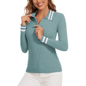 Soneven Womens Quarter Zip Sweaters Color Block Lapel Pullover Sweater Slim Fit Ribbed Knit Sweater Tops